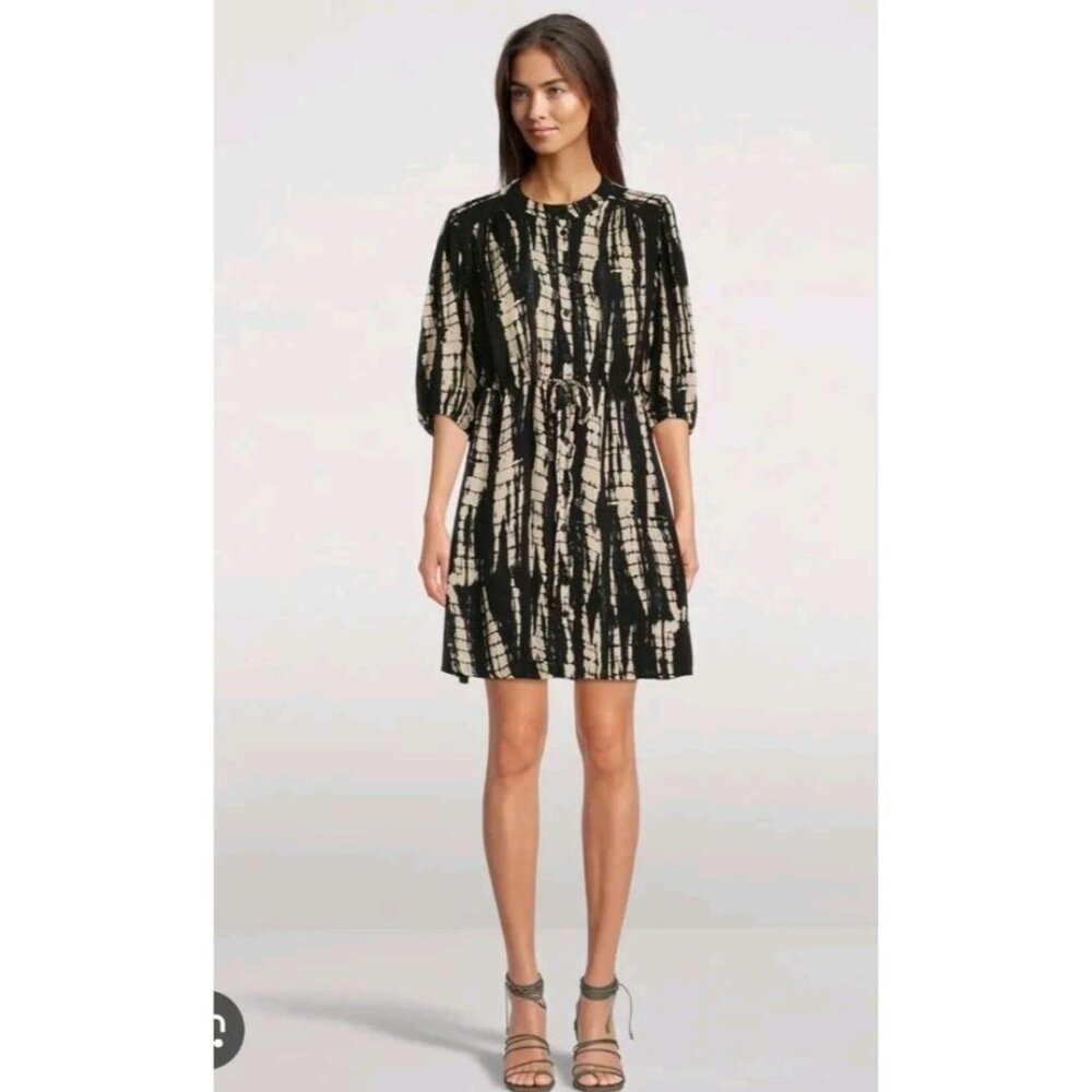 Ba&Sh Kenya Short Cinch Waist Button Down Mini Dress Black Beige Size Small